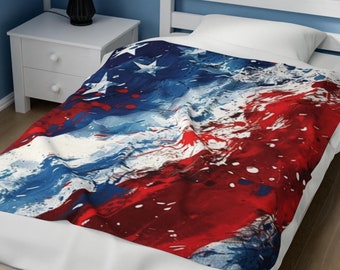 Koc pluszowy z welurem i motywem amerykańskiej flagi