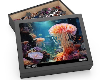 Puzzle z meduzami i koralowcami, życie morskie w oceanie, rodzinna zabawa