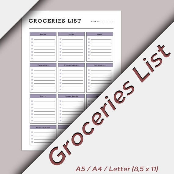 grocery list printable groceries checklist pdf shopping list etsy