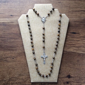 Rosary with Tiger Eye stone beads, detailed Crucifix and double sided Immaculate Heart of Mary center piece