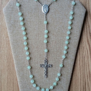 Saint Francis of Assisi Rosary with light green glass beads, double sided Saint Francis/Pray for Us centerpiece and detailed Crucifix