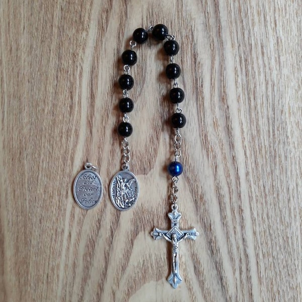 Police Pocket Rosary:  Saint Michael/"Bless and Protect our Police" medal with glass beads and detailed Crucifix