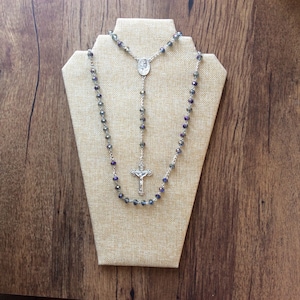 Rosary with Our Lady Of Fatima centerpiece, diamond cut multi colored glass beads and detailed Crucifix