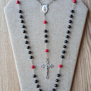 Saint Florian patron Saint of Firefighters Rosary with black/red glass beads, Saint Florian image centerpiece and detailed Crucifix