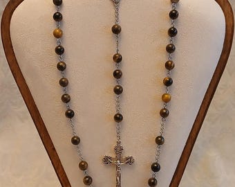 Tiger Eye Rosary: Immaculate Heart Centerpiece, Detailed Crucifix