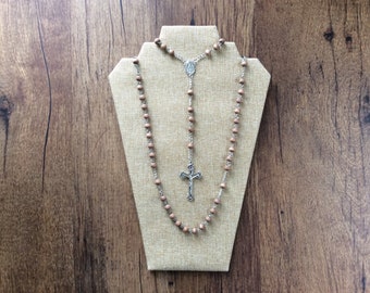 Rosary with natural wood beads, Miraculous Mary centerpiece and detailed Crucifix