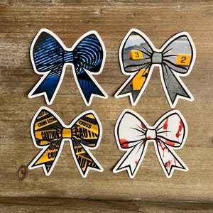 May include: Four different bow designs with various patterns. The first bow is blue with a fingerprint pattern. The second bow is gray with a crime scene background. The third bow is yellow and black with caution tape. The fourth bow is white with red blood splatters.