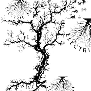 May include: Black and white abstract art print featuring a tree-like design with branches that resemble lightning bolts. The text "ELECTRIC ART" is written around the base of the tree.