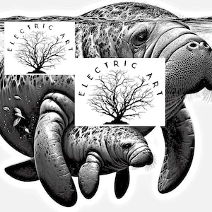 May include: Black and white illustration of a manatee and a baby manatee swimming in the water. The image includes the text "Electric Art" in a circle.