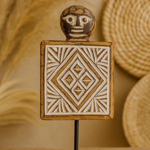 Hand-Carved Tribal Wooden Totem – Geometric Face Sculpture | Ethnic Home Decor | Balinese Art