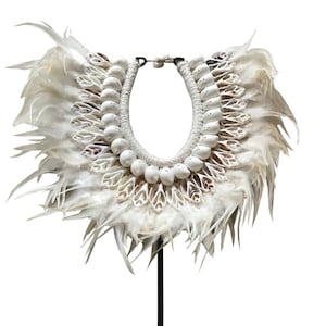 Papua Necklace with white feathers and shells, Home Decor, Handmade