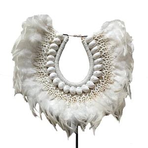 Papua Necklace with white feathers and shells, Home Decor, Handmade