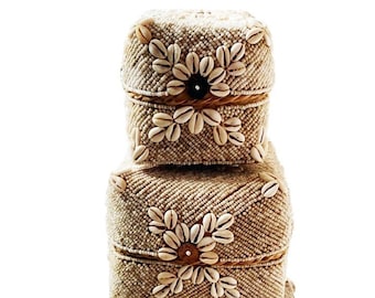 SET OF 3 Balinese stacking boxes. Decorative box with beads and shells,handmade basket,woven bamboo basket,gift box, jewelry box,storage box