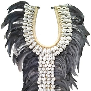 Papua Native Warrior necklace with natural gray shells and black rooster feathers  , Home Decor, Handmade
