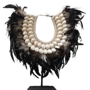 Papua Necklace with black rooster feathers and round shells, Home Decor, Handmade
