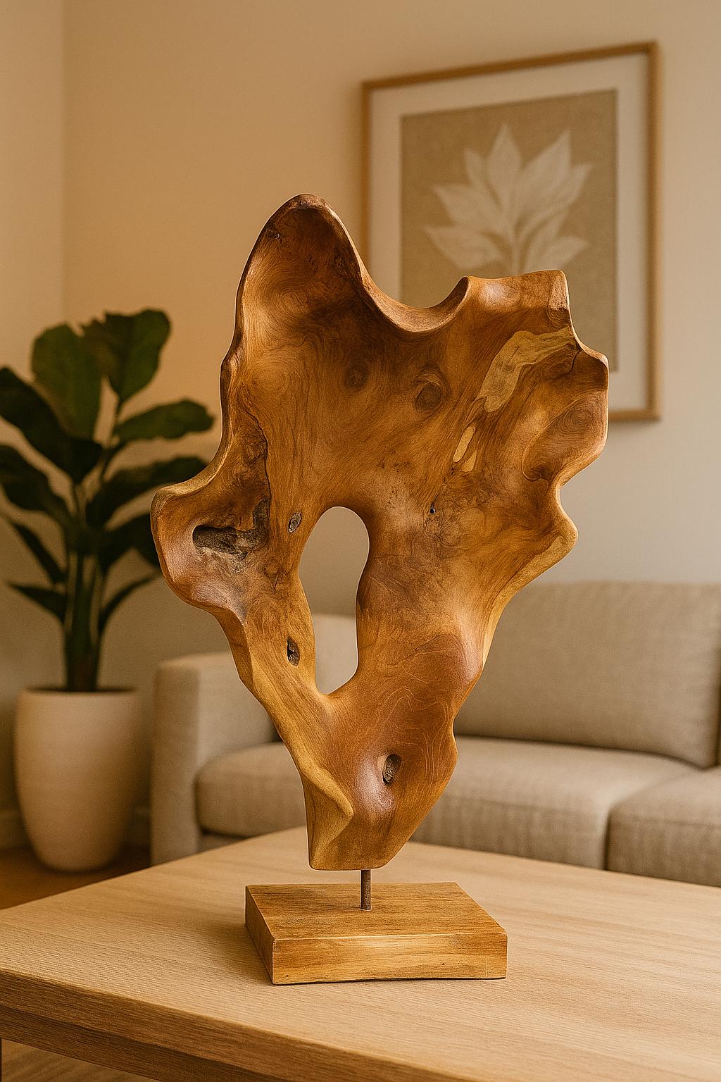Large Teak Wood Art Sculpture – 70 cm = 27.56 inches tall,  Abstract Organic Art on Stand – Handmade Boho Entryway or salon Decor from Bali
