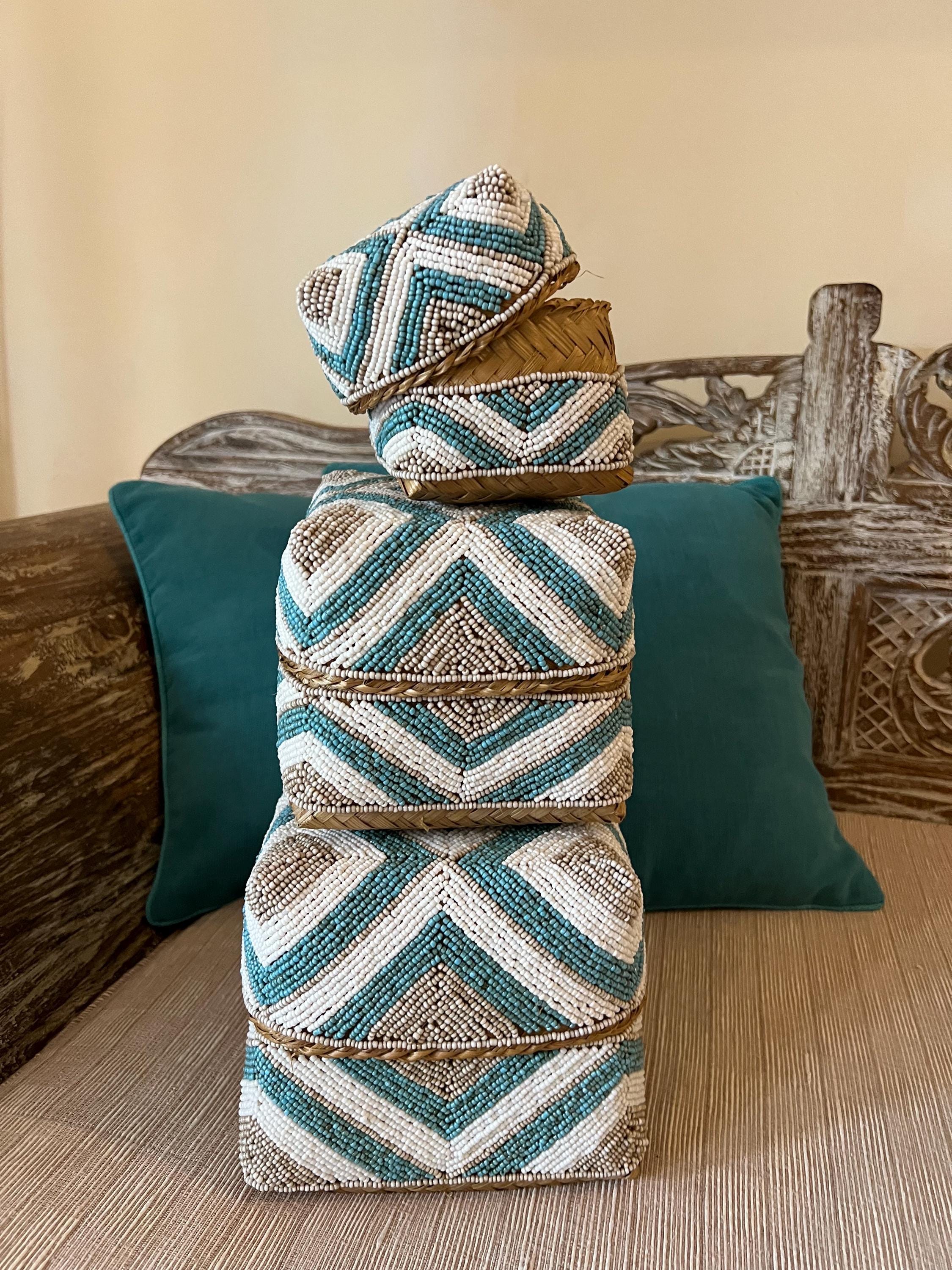 SET OF 3 Balinese stacking boxes. Decorative box with beads and shells,handmade basket,woven bamboo basket,gift box, jewelry box,storage box