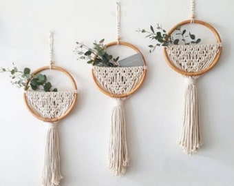 3 pieces Macrame wall decoration in beige cream rattan wallhanging, 20 cm ring