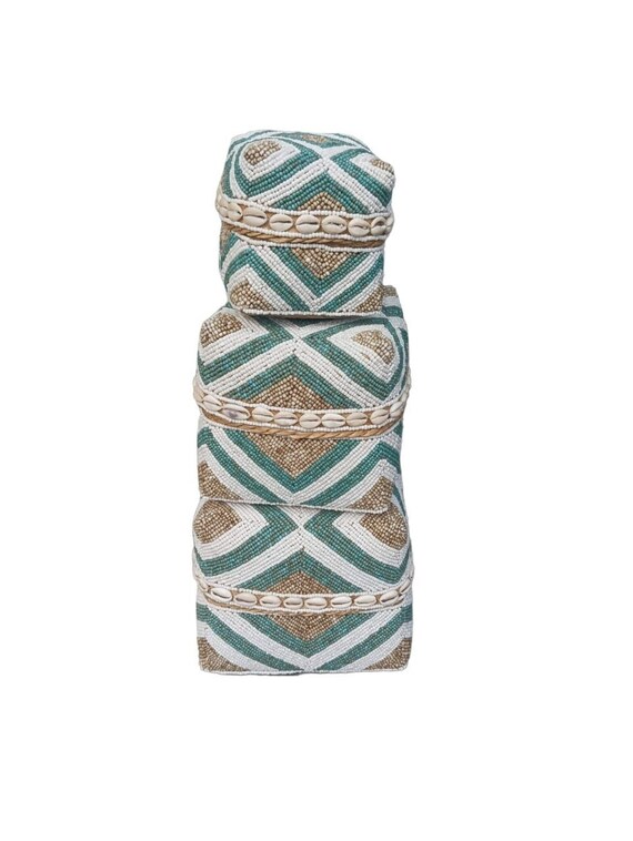 Set of Three offering baskets with hand beadwork and Cowrie Shells from Bali Set of Three offering baskets with hand beadwork and Cowrie Shells from Bali
