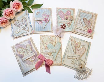 Handmade Shabby Chic Cards, Set of 8 Floral Love Notes,  Greetings, Miniature Keepsake gifts.