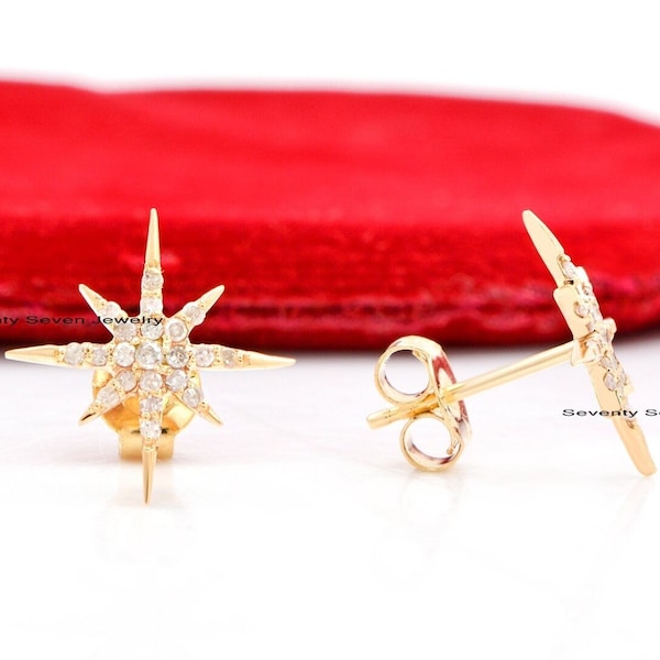 14k Gold Diamond Starburst Studs, Solid 14k Gold Earrings, Tiny Studs Mini Gold Earrings, Starburst Gold Studs, Diamond Studs Gold