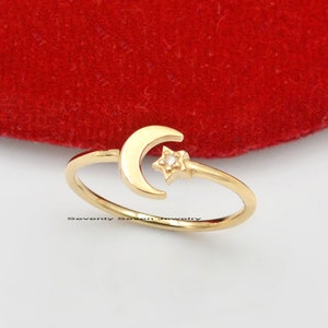 14k Gold Diamond Moon and Star Ring, Star Opening Ring, Gold Crescent Star Ring, Gold Constellation Ring, Open Adjustable Celestial Ring