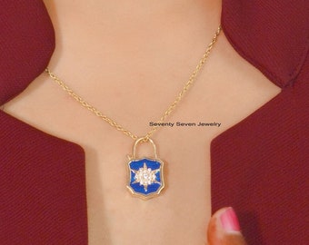 925 zilveren hangslot, sierlijke hangslot ketting, cz sierlijke hangslot, blauw geëmailleerd hangslot, 14k gouden vermeil hangslot sieraden