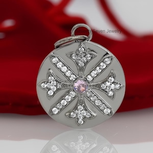925 Silver Round Disc Pendant, CZ Pave Disc Charm, Circle Disc Pendant, Disc Charm Pendant, Star Disc Necklace