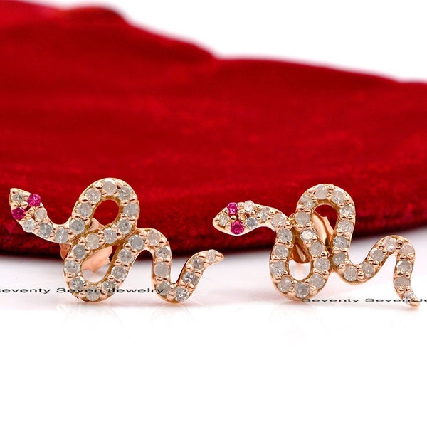 Aretes de serpiente de oro de 14 k con diamantes, aretes de serpiente de oro de 14 k, aretes de serpiente delicados,