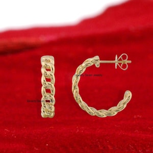 14K Gold Cuban Link Hoop Earrings: Curb Chain Studs