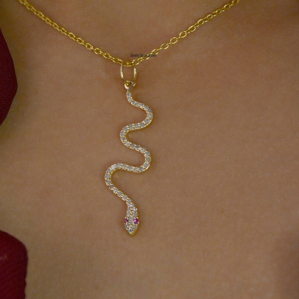 925 Silver Diamond Snake Necklace, Snake Charm Jewelry, Gemstone Snake Pendant, Rolo Chain Snake Necklace, Pave Snake Charm, Snake Pendant