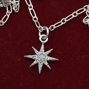 925 Silver Diamond Starburst Pendant, Starburst Pendant Necklace, Diamond Star Pendant, Pave Starburst Necklace, Christmas Jewelry