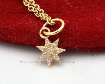 14k Gold Diamond Starburst Pendant - Gemstone Star Charm