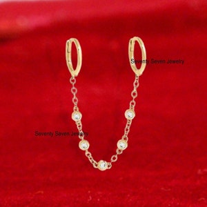 14K Gold Moissanite Chain Huggie Earrings: Gemstone Drop Hoops