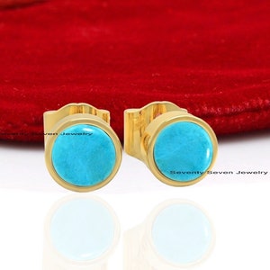 Solid 14K Gold Turquoise Studs, 14k Round Turquoise Studs, Turquoise Bezel Stud Earrings, 14K Gold Round Elegant Stud Earrings