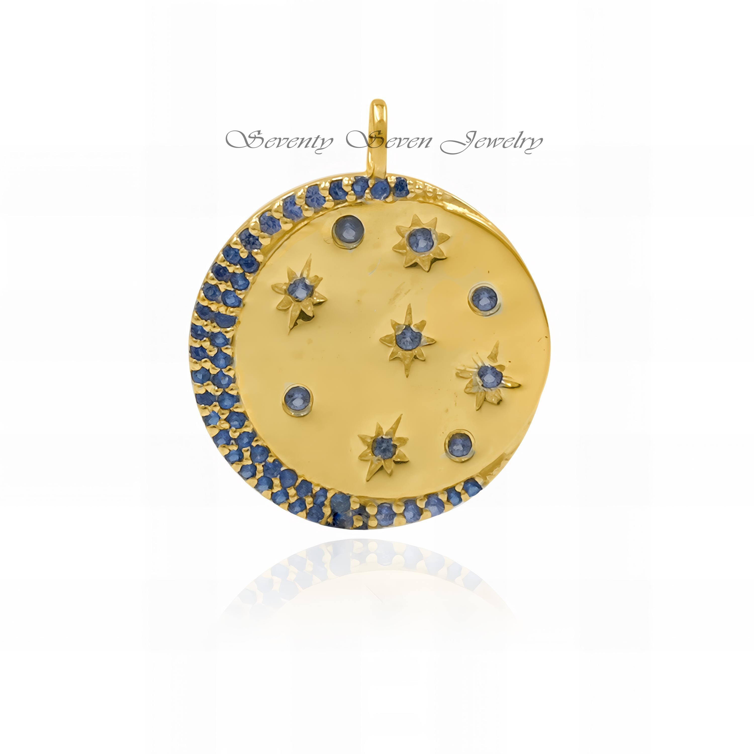 Diamond Star Moon Pendant: 925 Silver Celestial Disc Charm - View 6 - Seventy Seven Jewelry | SKU: SSMJP696-SLYGDI-2026 Diamond Star Moon Pendant: 925 Silver Celestial Disc Charm - View 6 - Seventy Seven Jewelry | SKU: SSMJP696-SLYGDI-2026
