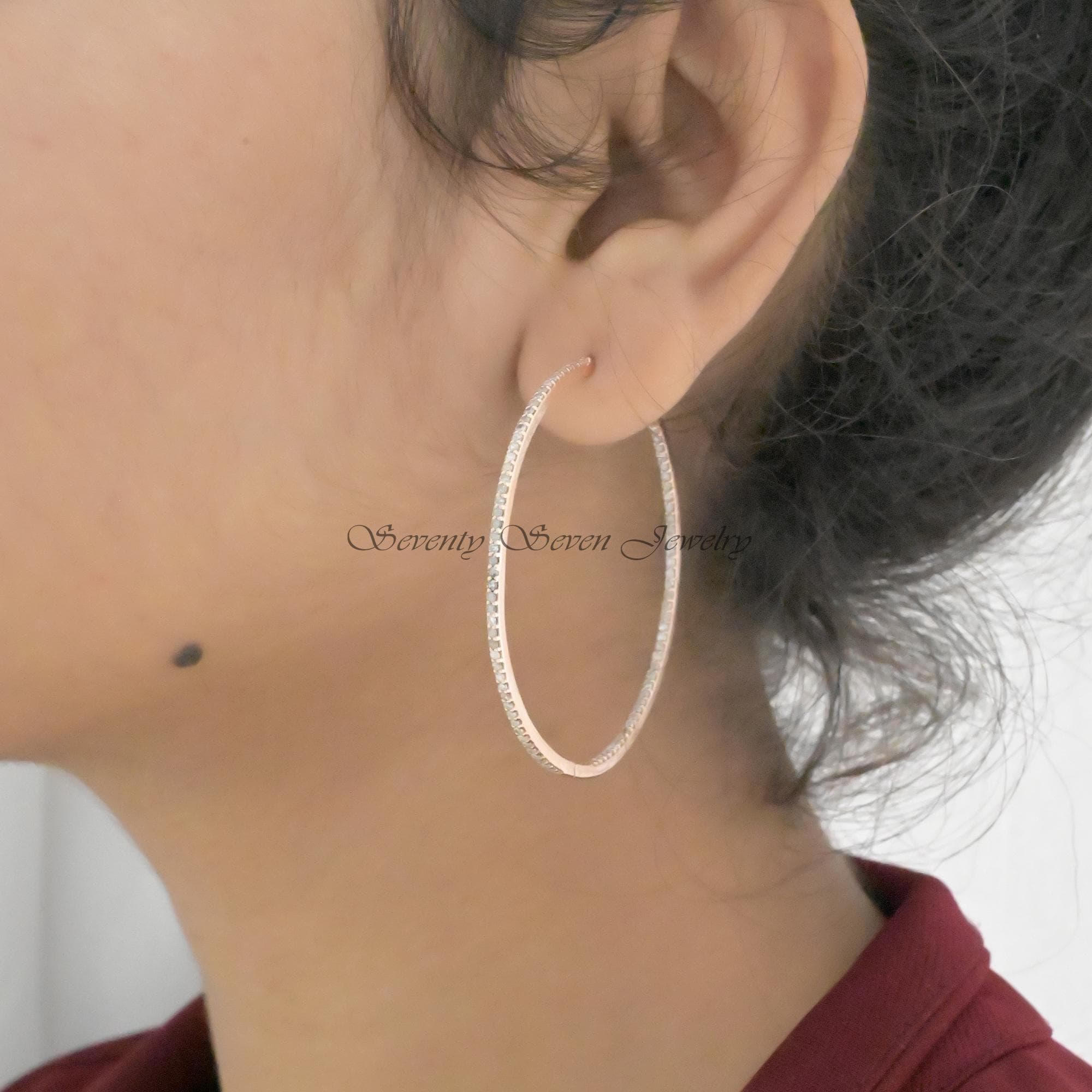 925 Silver Diamond Hoop Earrings: Large Pave Hoops, 50 MM - View 3 - Seventy Seven Jewelry | SKU: SSMJE02-SLYGDI-2026,SSMJE02 925 Silver Diamond Hoop Earrings: Large Pave Hoops, 50 MM - View 3 - Seventy Seven Jewelry | SKU: SSMJE02-SLYGDI-2026,SSMJE02