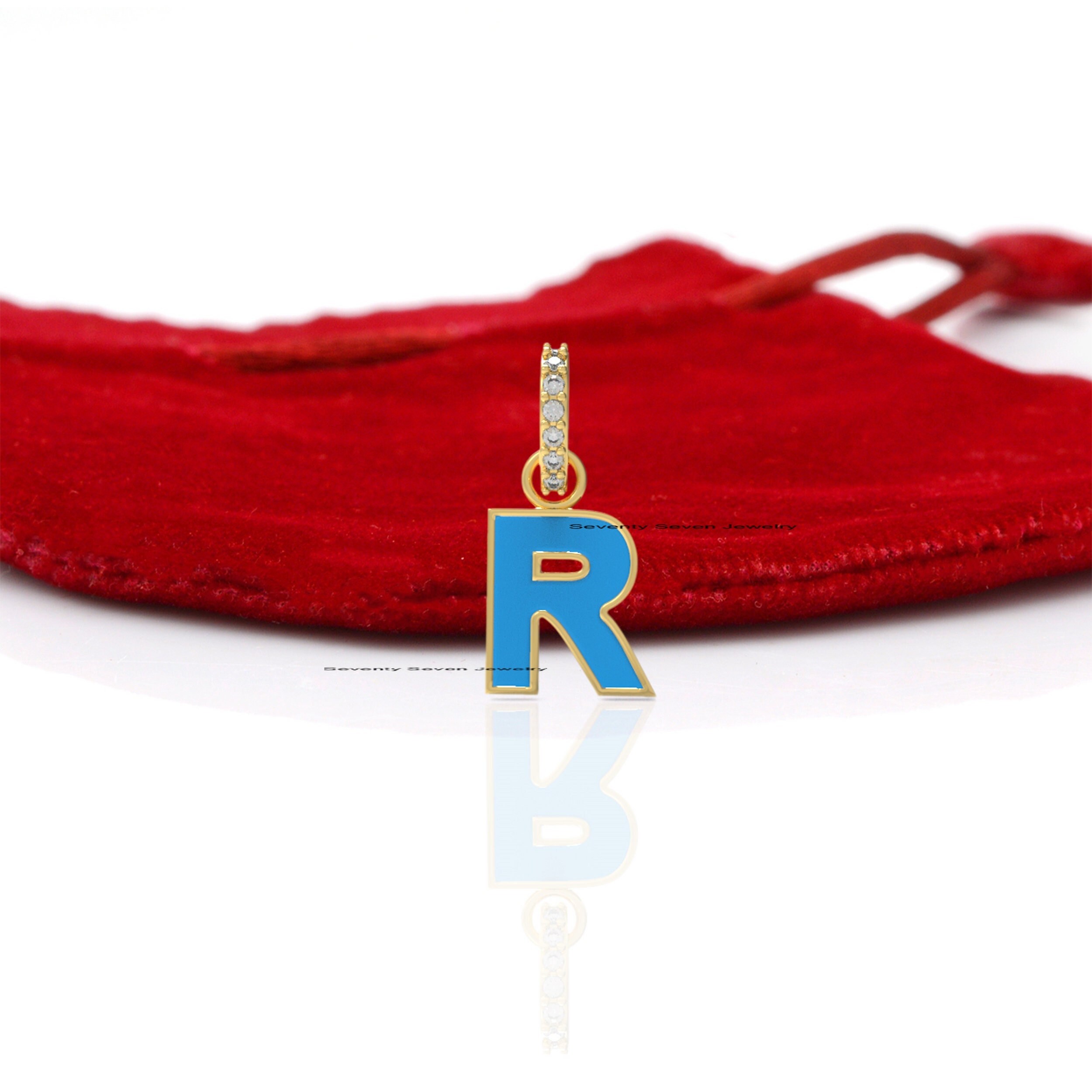 Turquoise Enamel Initial Pendant: Diamond Letter Charm, 925 Silver - View 7 - Seventy Seven Jewelry | SKU: SSMJP1029-SLYGDIEL Turquoise Enamel Initial Pendant: Diamond Letter Charm, 925 Silver - View 7 - Seventy Seven Jewelry | SKU: SSMJP1029-SLYGDIEL