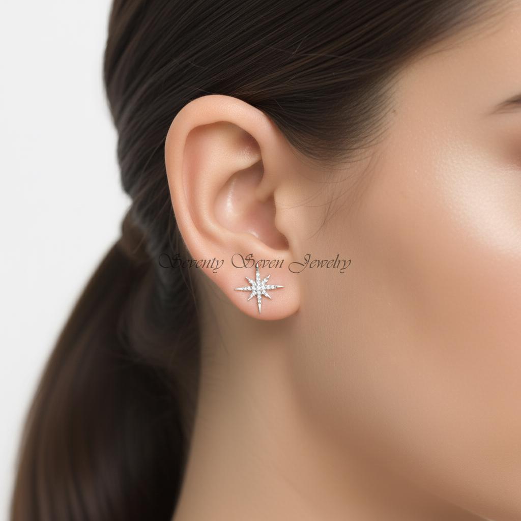 14k Gold Diamond Starburst Stud Earrings, Tiny 12mm Jewelry - View 2 - Seventy Seven Jewelry | SKU: SSMJE325-14KYGDI 14k Gold Diamond Starburst Stud Earrings, Tiny 12mm Jewelry - View 2 - Seventy Seven Jewelry | SKU: SSMJE325-14KYGDI