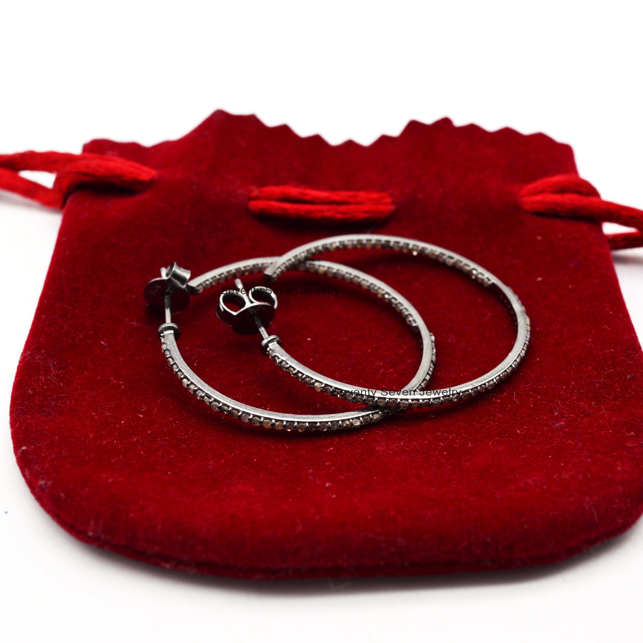 Oxidized Diamond Sterling Silver Hoop Earrings - 25MM - View 5 - Seventy Seven Jewelry | SKU: SSMJE11-SLYGDI-25M-V Oxidized Diamond Sterling Silver Hoop Earrings - 25MM - View 5 - Seventy Seven Jewelry | SKU: SSMJE11-SLYGDI-25M-V