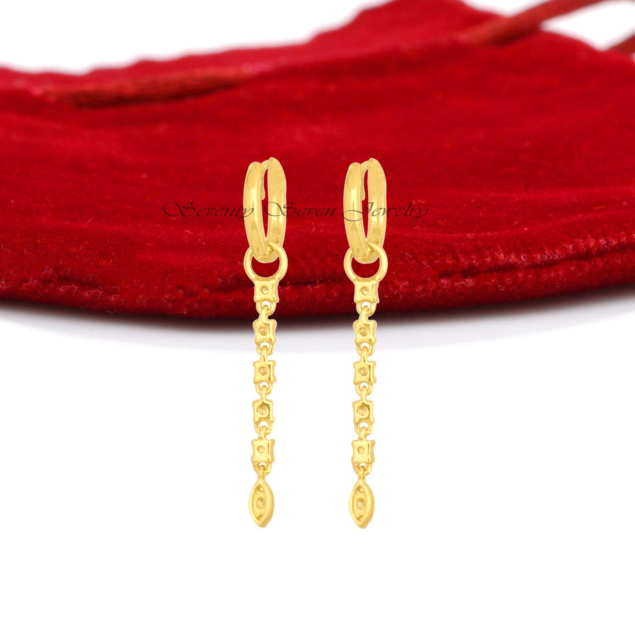 14K Gold Gemstone Drop Dangle Earrings, Thin Huggie Hoop Dangles Moissanite, Jewelry Gift Option - View 4 - Seventy Seven Jew 14K Gold Gemstone Drop Dangle Earrings, Thin Huggie Hoop Dangles Moissanite, Jewelry Gift Option - View 4 - Seventy Seven Jew
