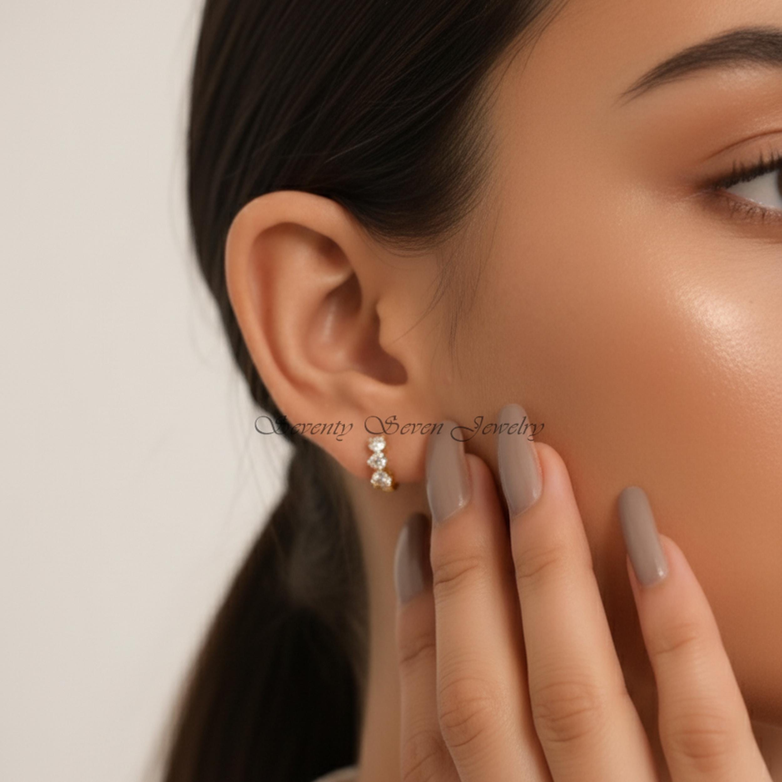 14K Gold Hoop Huggies, Lab-Created SI GH Diamond, Geometric Studs - View 3 - Seventy Seven Jewelry | SKU: SSMJE903- 14K Gold Hoop Huggies, Lab-Created SI GH Diamond, Geometric Studs - View 3 - Seventy Seven Jewelry | SKU: SSMJE903-