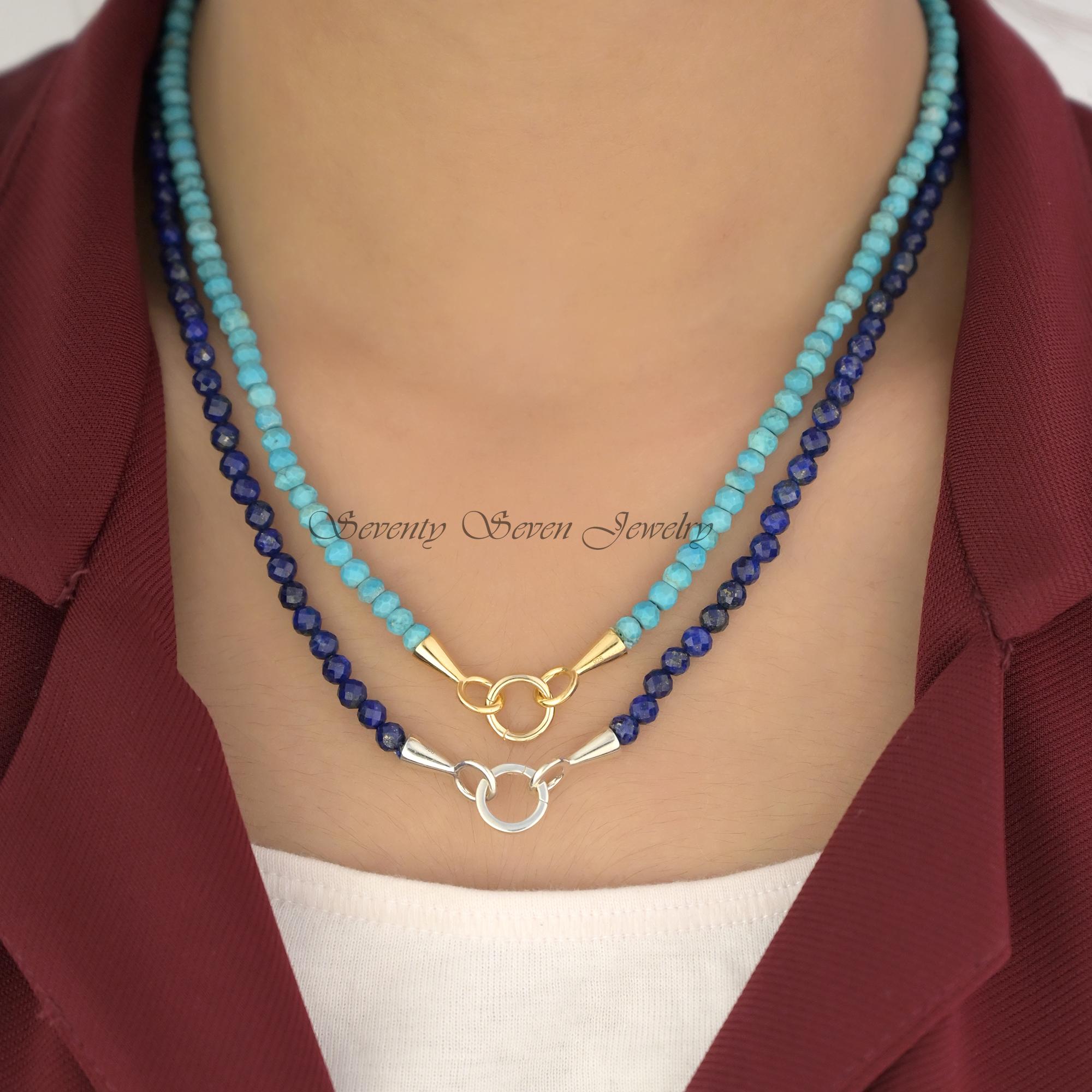 925 Silver Lapis Beads Necklace: Gemstone Charm Holder Jewelry - View 2 - Seventy Seven Jewelry | SKU: SSMJF121-SLYG-15M-2026 925 Silver Lapis Beads Necklace: Gemstone Charm Holder Jewelry - View 2 - Seventy Seven Jewelry | SKU: SSMJF121-SLYG-15M-2026