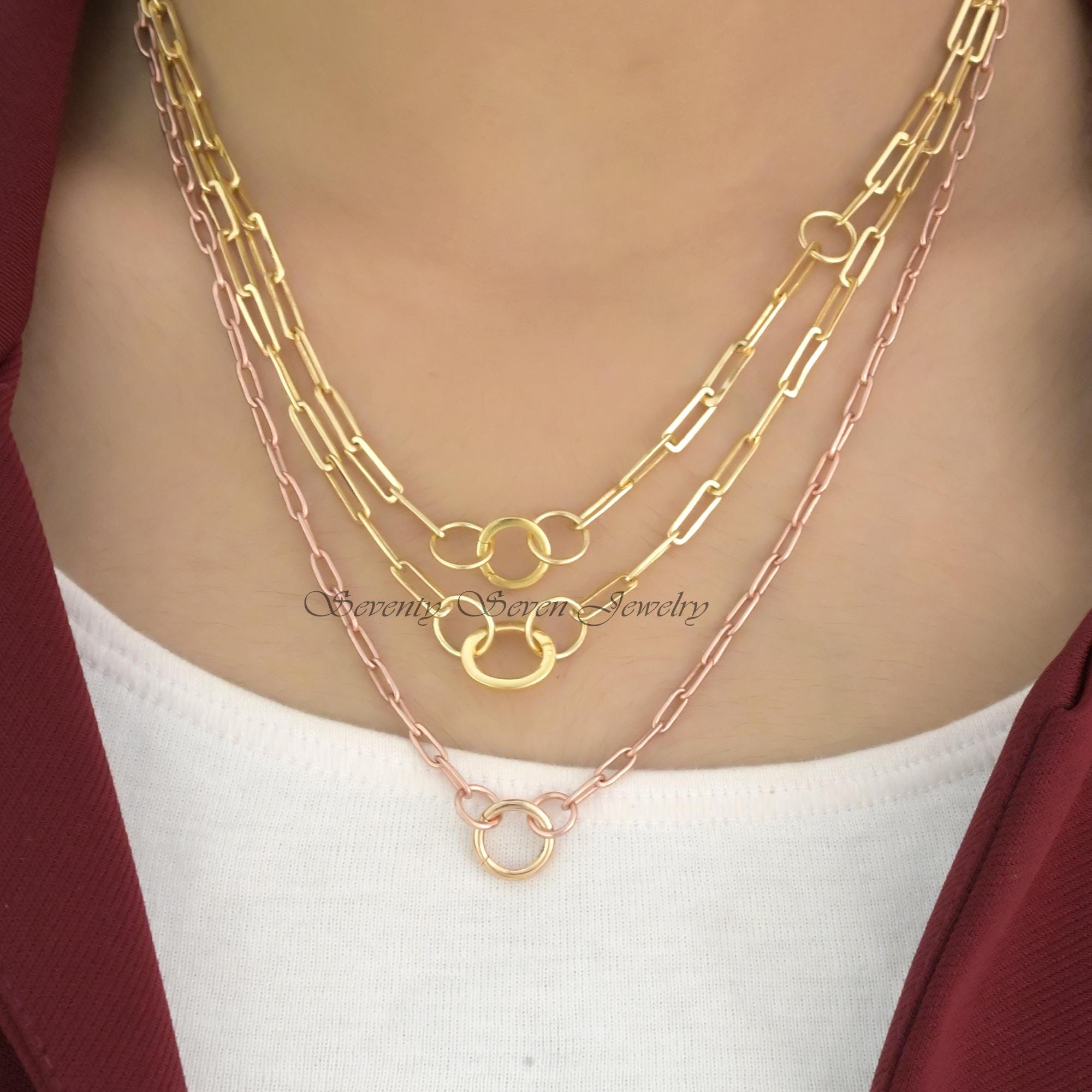 9K Gold Paperclip Chain Necklace: Charm Holder Link Lock - View 2 - Seventy Seven Jewelry | SKU: SSMJH475-9KYG-2026,SSMJP475- 9K Gold Paperclip Chain Necklace: Charm Holder Link Lock - View 2 - Seventy Seven Jewelry | SKU: SSMJH475-9KYG-2026,SSMJP475-