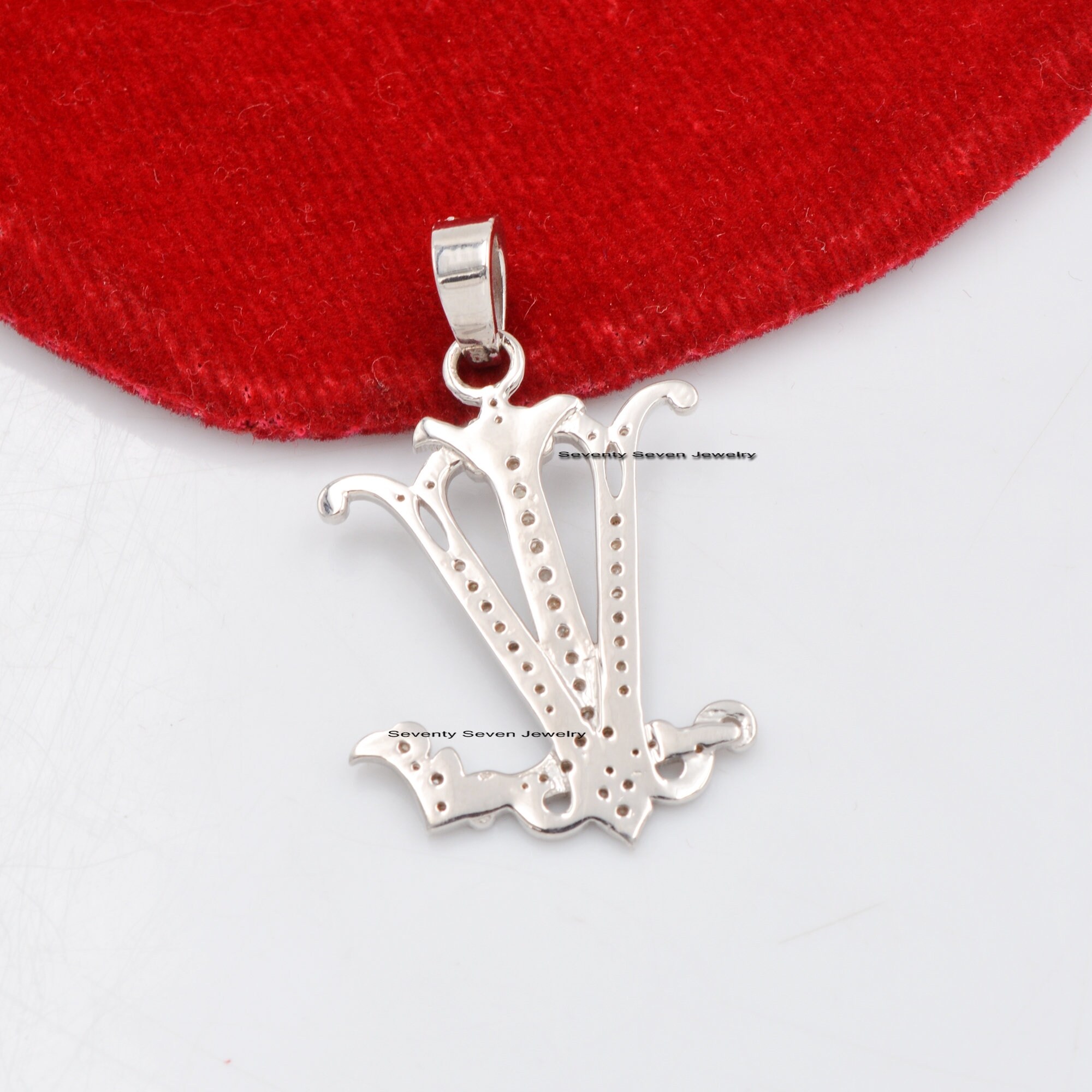 925 Silver Diamond Monogram Pendant: Personalized Initial Necklace - View 4 - Seventy Seven Jewelry | SKU: SSMJP20-SLRHDI-202 925 Silver Diamond Monogram Pendant: Personalized Initial Necklace - View 4 - Seventy Seven Jewelry | SKU: SSMJP20-SLRHDI-202