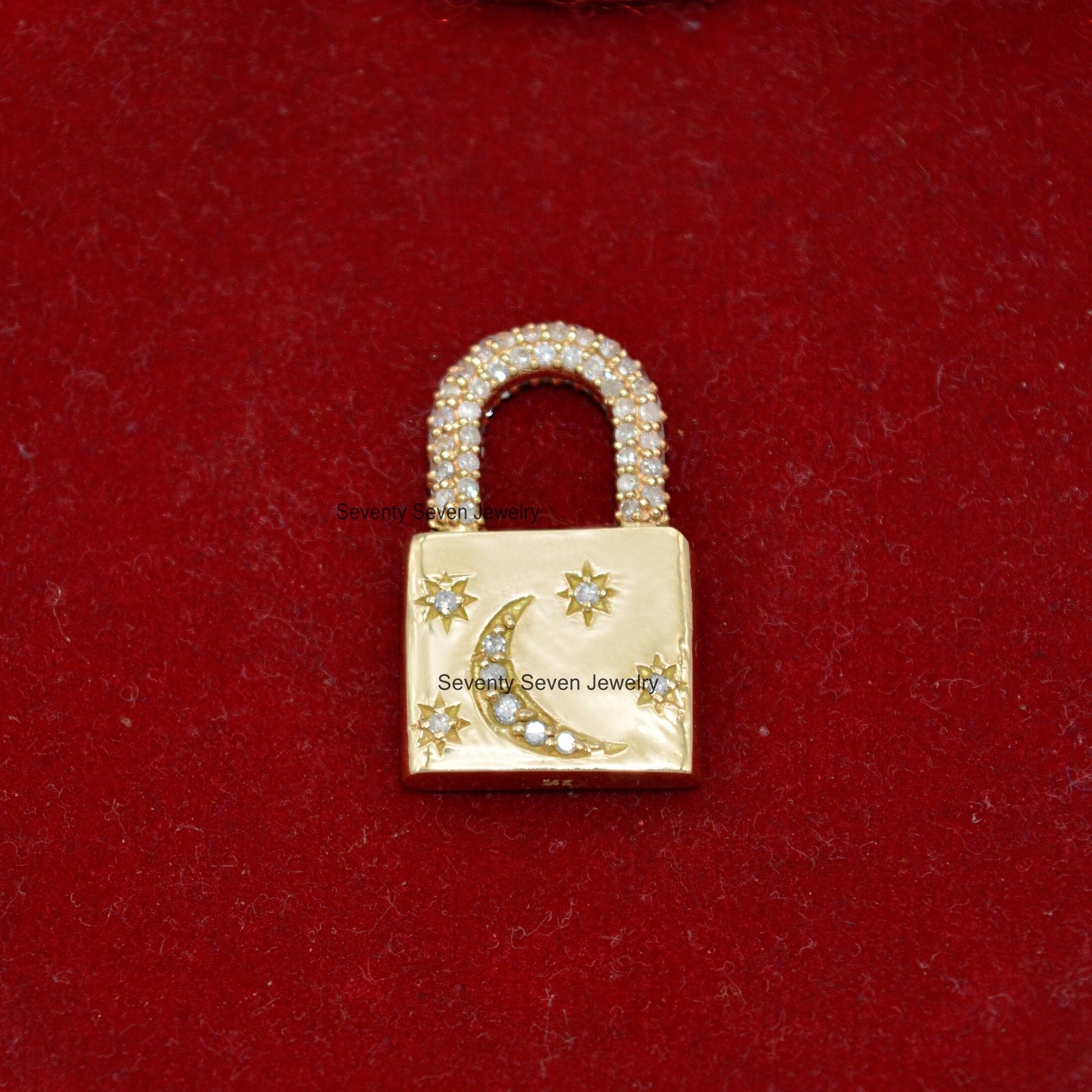 9K Solid Gold Pave Diamond Padlock Pendant: Moon & Star Jewelry - View 6 - Seventy Seven Jewelry | SKU: SSMJP43-9KYGPSP,SSMJP 9K Solid Gold Pave Diamond Padlock Pendant: Moon & Star Jewelry - View 6 - Seventy Seven Jewelry | SKU: SSMJP43-9KYGPSP,SSMJP