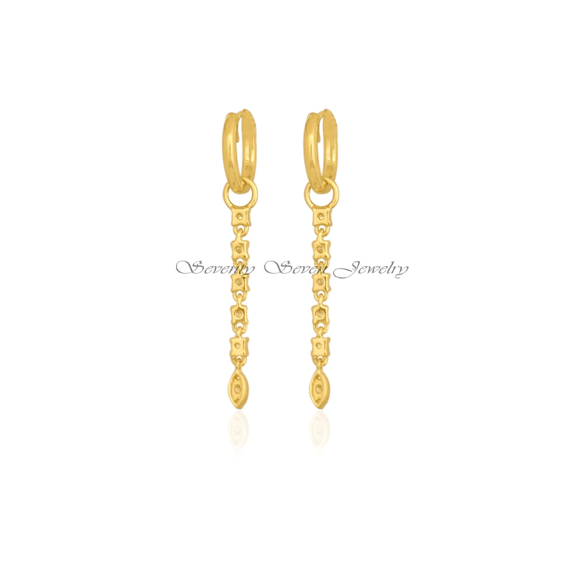 14K Gold Gemstone Drop Dangle Earrings, Thin Huggie Hoop Dangles Moissanite, Jewelry Gift Option - View 6 - Seventy Seven Jew 14K Gold Gemstone Drop Dangle Earrings, Thin Huggie Hoop Dangles Moissanite, Jewelry Gift Option - View 6 - Seventy Seven Jew