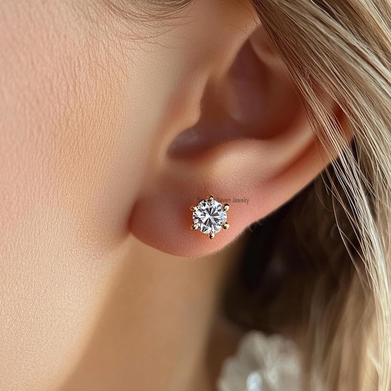 14K Gold Plated Moissanite Stud Earrings: 8mm Sterling Silver Post