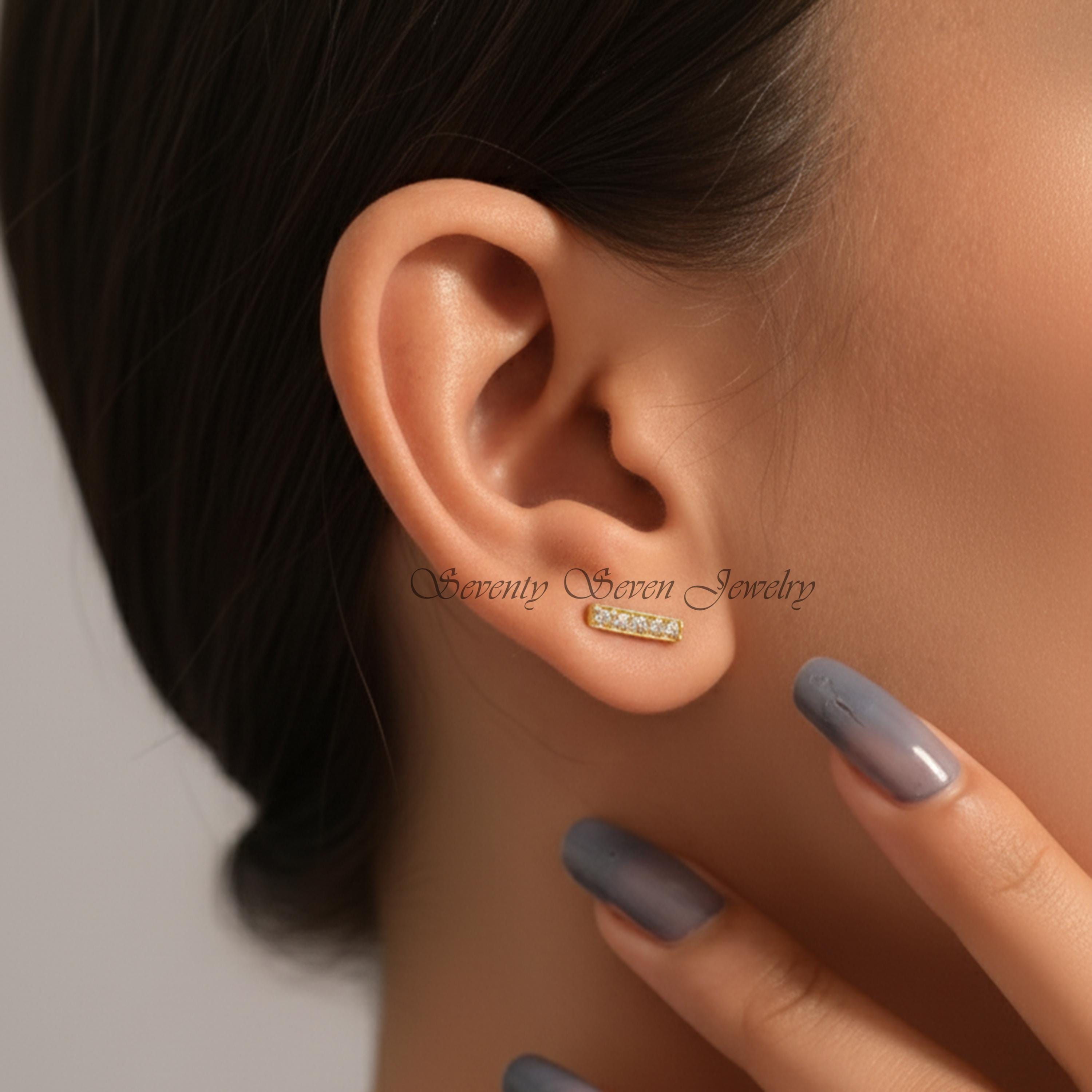 14K Gold Lab-Grown Diamond Bar Studs, Pushback Earrings - View 3 - Seventy Seven Jewelry | SKU: SSMJE1500- 14K Gold Lab-Grown Diamond Bar Studs, Pushback Earrings - View 3 - Seventy Seven Jewelry | SKU: SSMJE1500-