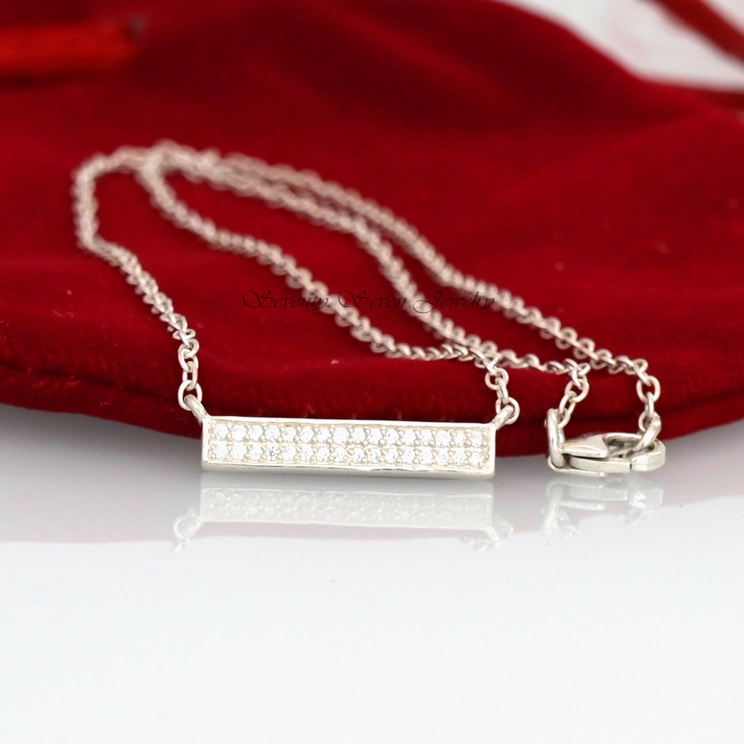 14K Gold Plated Moissanite Bar Necklace: Dainty Rectangle Charm - Seventy Seven Jewelry | SKU: SSMJN1051-SLNSMN-14I 14K Gold Plated Moissanite Bar Necklace: Dainty Rectangle Charm - Seventy Seven Jewelry | SKU: SSMJN1051-SLNSMN-14I